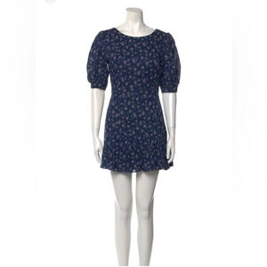 Love Shack Fancy Womens Cotton Round Neck Floral Mini Puff Sleeve Dress Blue S